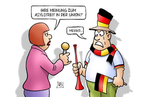 Cartoon: Asylstreit und WM (medium) by Harm Bengen tagged interview,meinung,asylstreit,union,fussball,fan,mexiko,wm,deutschland,harm,bengen,cartoon,karikatur,interview,meinung,asylstreit,union,fussball,fan,mexiko,wm,deutschland,harm,bengen,cartoon,karikatur