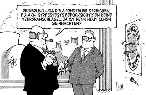 Cartoon: Atomkraft-Weihnachten (medium) by Harm Bengen tagged atomkraft,weihnachten,atomsteuer,steuer,brennelementesteuer,bundesregierung,röttgen,schäuble,akw,kernkraft,stresstest,eu,oettinger