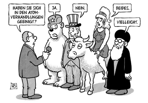 Cartoon: Atomverhandlungen (medium) by Harm Bengen tagged atomverhandlungen,atomgespraeche,iran,russland,eu,europa,stier,usa,uncle,sam,baer,atomkraft,atomwaffen,lausanne,interview,harm,bengen,cartoon,karikatur