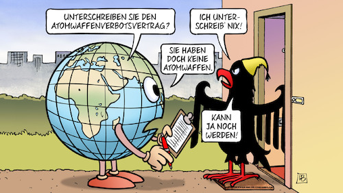 Cartoon: Atomwaffenverbot (medium) by Harm Bengen tagged unterschreiben,atomwaffenverbot,atomwaffenverbotsvertrag,welt,erde,globus,adler,bundesadler,haustuer,nato,atommaechte,harm,bengen,cartoon,karikatur,unterschreiben,atomwaffenverbot,atomwaffenverbotsvertrag,welt,erde,globus,adler,bundesadler,haustuer,nato,atommaechte,harm,bengen,cartoon,karikatur