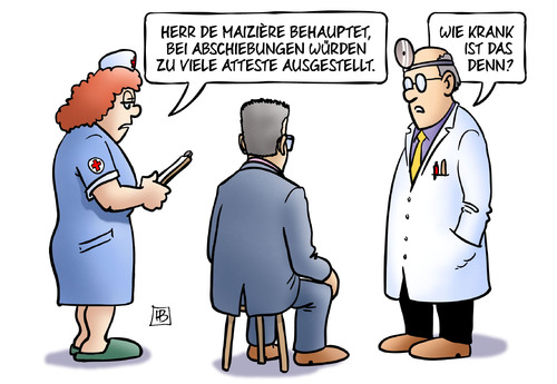 Cartoon: Atteste (medium) by Harm Bengen tagged demaiziere,innenminister,abschiebungen,atteste,krank,flüchtlinge,asyl,arzt,doktor,harm,bengen,cartoon,karikatur,demaiziere,innenminister,abschiebungen,atteste,krank,flüchtlinge,asyl,arzt,doktor,harm,bengen,cartoon,karikatur