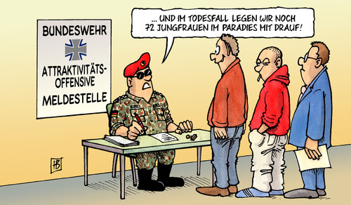 Cartoon: Attraktivitätsoffensive (medium) by Harm Bengen tagged bundeswehr,attraktivitätsoffensive,soldaten,auslandseinsatz,tod,tot,paradies,meldestelle,jungfrauen,harm,bengen,cartoon,karikatur,bundeswehr,attraktivitätsoffensive,soldaten,auslandseinsatz,tod,tot,paradies,meldestelle,jungfrauen,harm,bengen,cartoon,karikatur