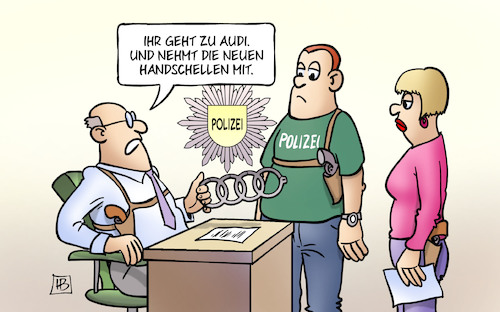 Cartoon: Audi-Handschellen (medium) by Harm Bengen tagged audi,handschellen,abgasskandal,verhaftungen,automobilindustrie,polizei,harm,bengen,cartoon,karikatur,audi,handschellen,abgasskandal,verhaftungen,automobilindustrie,polizei,harm,bengen,cartoon,karikatur