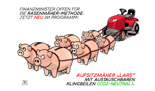 Cartoon: Aufsitzmäher Lars (medium) by Harm Bengen tagged finanzminister,rasenmäher,aufsitzmäher,methode,klingbeil,sparschweine,harm,bengen,cartoon,karikatur,finanzminister,rasenmäher,aufsitzmäher,methode,klingbeil,sparschweine,harm,bengen,cartoon,karikatur
