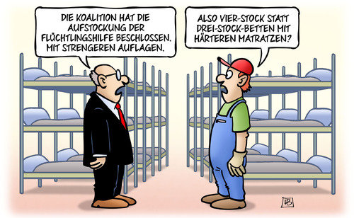 Cartoon: Aufstockung und Auflagen (medium) by Harm Bengen tagged koalition,bundesregierung,aufstockung,flüchtlingshilfe,auflagen,stockbetten,matratzen,flüchtlinge,asyl,harm,bengen,cartoon,karikatur,koalition,bundesregierung,aufstockung,flüchtlingshilfe,auflagen,stockbetten,matratzen,flüchtlinge,asyl,harm,bengen,cartoon,karikatur