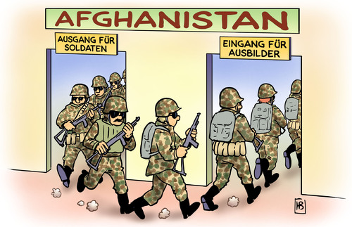 Cartoon: Ausbilder (medium) by Harm Bengen tagged afghanistan,ausbilder,soldaten,armee,bundeswehr,nato,isaf,krieg,aufstand,rückzug,abzug,afghanistan,ausbilder,soldaten,armee,bundeswehr,nato,isaf,krieg