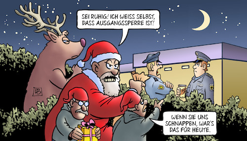 Cartoon: Ausgangssperre (medium) by Harm Bengen tagged ausgangssperre,weihnachten,weihnachtsmann,bescherung,wichtel,rentier,polizei,polizisten,corona,harm,bengen,cartoon,karikatur,ausgangssperre,weihnachten,weihnachtsmann,bescherung,wichtel,rentier,polizei,polizisten,corona,harm,bengen,cartoon,karikatur