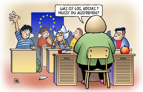 Cartoon: Austreten (medium) by Harm Bengen tagged austreten,kostas,merkel,lehrerin,griechenland,deutschland,holland,frankreich,eu,europa,euro,schulden,krise,schule,schueler,eurozone,verlassen,austreten,kostas,merkel,lehrerin,griechenland,deutschland,holland,frankreich,eu,euro,europa