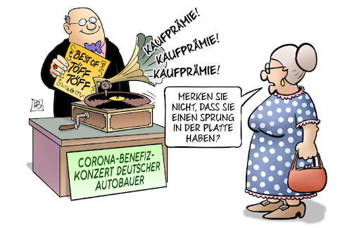 Cartoon: Auto-Kaufprämie (medium) by Harm Bengen tagged kaufprämie,sprung,platte,grammophon,benefiz,konzert,autobauer,susemil,corona,coronavirus,ansteckung,pandemie,epidemie,krankheit,schaden,harm,bengen,cartoon,karikatur,kaufprämie,sprung,platte,grammophon,benefiz,konzert,autobauer,susemil,corona,coronavirus,ansteckung,pandemie,epidemie,krankheit,schaden,harm,bengen,cartoon,karikatur