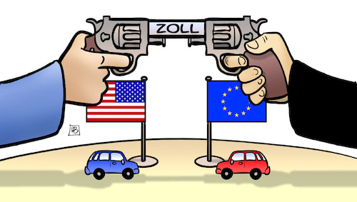 Cartoon: Auto-Zollkrieg (medium) by Harm Bengen tagged zollkrieg,pistole,revolver,trump,europa,usa,autozölle,zölle,zoll,harm,bengen,cartoon,karikatur,zollkrieg,pistole,revolver,trump,europa,usa,autozölle,zölle,zoll,harm,bengen,cartoon,karikatur