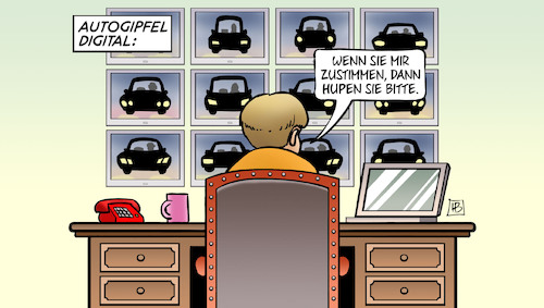 Cartoon: Autogipfel digital (medium) by Harm Bengen tagged autogipfel,digital,videokonferenz,monitore,kfz,autos,hupen,merkel,corona,harm,bengen,cartoon,karikatur,autogipfel,digital,videokonferenz,monitore,kfz,autos,hupen,merkel,corona,harm,bengen,cartoon,karikatur