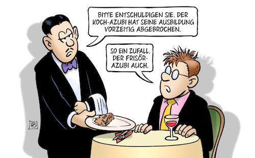 Cartoon: Azubi-Abbrecher (medium) by Harm Bengen tagged azubi,abbrecher,lehrlinge,berufsausbildung,koch,frisör,restaurant,lokal,kellner,ober,harm,bengen,cartoon,karikatur,azubi,abbrecher,lehrlinge,berufsausbildung,koch,frisör,restaurant,lokal,kellner,ober,harm,bengen,cartoon,karikatur