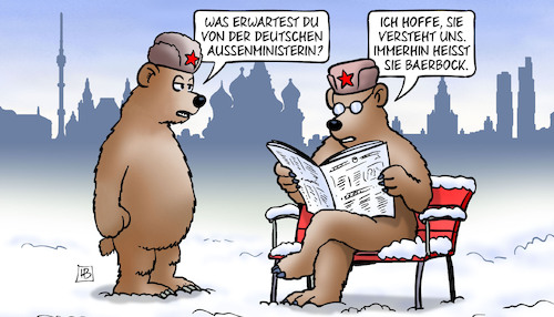 Cartoon: Bären und Baerbock (medium) by Harm Bengen tagged deutsche,aussenministerin,verstehen,name,baerbock,bären,moskau,schnee,nato,ukraine,russland,harm,bengen,cartoon,karikatur,deutsche,aussenministerin,verstehen,name,baerbock,bären,moskau,schnee,nato,ukraine,russland,harm,bengen,cartoon,karikatur