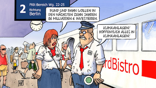 Cartoon: Bahn-Investitionen (medium) by Harm Bengen tagged bund,bahn,86,milliarden,investieren,investitionen,bahnhof,sommer,hitze,klimaanlagen,harm,bengen,cartoon,karikatur,bund,bahn,86,milliarden,investieren,investitionen,bahnhof,sommer,hitze,klimaanlagen,harm,bengen,cartoon,karikatur