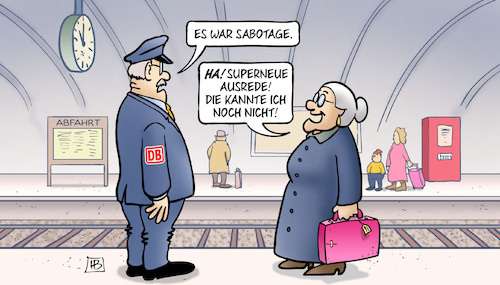 Cartoon: Bahn-Sabotage (medium) by Harm Bengen tagged bahn,sabotage,bahnhof,bahnsteig,schaffner,zugausfall,stillstand,ausrede,susemil,harm,bengen,cartoon,karikatur,bahn,sabotage,bahnhof,bahnsteig,schaffner,zugausfall,stillstand,ausrede,susemil,harm,bengen,cartoon,karikatur