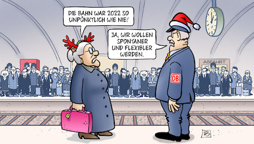 Cartoon: Bahn flexibler (medium) by Harm Bengen tagged bahn,2022,unpünktlich,spontaner,flexibler,bahnhof,bahnsteig,susemil,weihnachten,harm,bengen,cartoon,karikatur,bahn,2022,unpünktlich,spontaner,flexibler,bahnhof,bahnsteig,susemil,weihnachten,harm,bengen,cartoon,karikatur