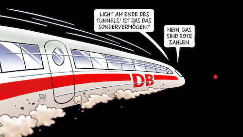 Cartoon: Bahn und Sondervermögen (medium) by Harm Bengen tagged licht,ende,tunnels,sondervermögen,rote,zahlen,db,bahn,schulden,verlust,defizit,harm,bengen,cartoon,karikatur,licht,ende,tunnels,sondervermögen,rote,zahlen,db,bahn,schulden,verlust,defizit,harm,bengen,cartoon,karikatur