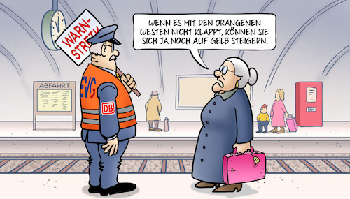 Cartoon: Bahnstreiks und Westen (medium) by Harm Bengen tagged orange,evg,gewerkschaft,bahnstreiks,warnstreiks,db,bahnhof,gelbwesten,proteste,frankreich,susemil,harm,bengen,cartoon,karikatur,orange,evg,gewerkschaft,bahnstreiks,warnstreiks,db,bahnhof,gelbwesten,proteste,frankreich,susemil,harm,bengen,cartoon,karikatur