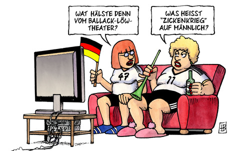 Cartoon: Ballack-Löw (medium) by Harm Bengen tagged ballack,löw,dfb,streit,karriere,bundestrainer,mannschaft,fußball,sport,frauen,wm,weltmeisterschaft,worldcup,deutschland,fan,vuvuzela,bier,fahne,sofa,couch,tv,fernsehen,zicke,zickenkrieg,ballack,löw,dfb,streit,karriere,bundestrainer,mannschaft,fußball,sport,frauen,wm,weltmeisterschaft,worldcup,deutschland,vuvuzela