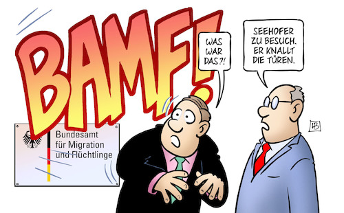 Cartoon: BAMF-Besuch Seehofer (medium) by Harm Bengen tagged bamf,besuch,seehofer,türen,knallen,bundesamt,migration,flüchtlinge,asly,abschiebung,harm,bengen,cartoon,karikatur,bamf,besuch,seehofer,türen,knallen,bundesamt,migration,flüchtlinge,asly,abschiebung,harm,bengen,cartoon,karikatur