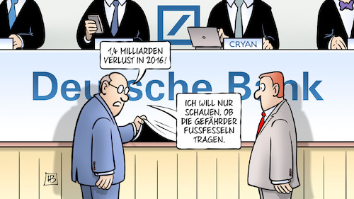 Cartoon: Bank-Gefährder (medium) by Harm Bengen tagged deutsche,bank,gefährder,terror,cryan,bilanz,verlust,fussfesseln,harm,bengen,cartoon,karikatur,deutsche,bank,gefährder,terror,cryan,bilanz,verlust,fussfesseln,harm,bengen,cartoon,karikatur