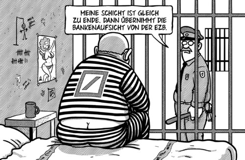 Cartoon: Bankenaufsicht EZB (medium) by Harm Bengen tagged bankenaufsicht,ezb,europaeische,zentralbank,europa,eu,deutsche,bank,verbrechen,knast,untersuchungshaft,gefaengnis,strafvollzug,aufseher,aufsicht,finanzminster,schicht,harm,bengen,cartoon,karikatur