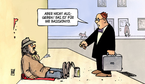 Cartoon: Basiskonto (medium) by Harm Bengen tagged bettler,banken,sparkassen,basiskonto,obdachlose,wohnungslose,asyluchende,geld,harm,bengen,cartoon,karikatur,bettler,banken,sparkassen,basiskonto,obdachlose,wohnungslose,asyluchende,geld,harm,bengen,cartoon,karikatur