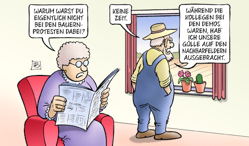 Cartoon: Bauern-Proteste (medium) by Harm Bengen tagged landwirtschaft,bauern,proteste,demonstrationen,kollegen,gülle,zeitung,lesen,harm,bengen,cartoon,karikatur,landwirtschaft,bauern,proteste,demonstrationen,kollegen,gülle,zeitung,lesen,harm,bengen,cartoon,karikatur