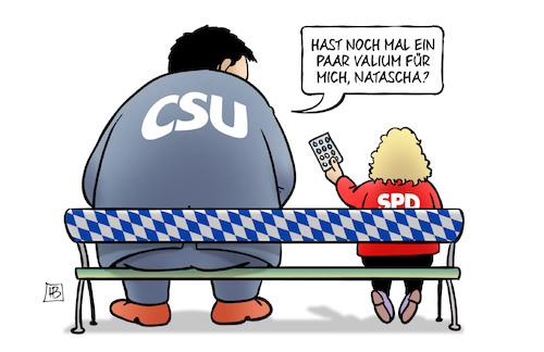 Cartoon: Bayern-Valium (medium) by Harm Bengen tagged bayern,valium,landtagswahl,csu,spd,beruhigungsmittel,söder,kohnen,spitzenkandidaten,harm,bengen,cartoon,karikatur,bayern,valium,landtagswahl,csu,spd,beruhigungsmittel,söder,kohnen,spitzenkandidaten,harm,bengen,cartoon,karikatur