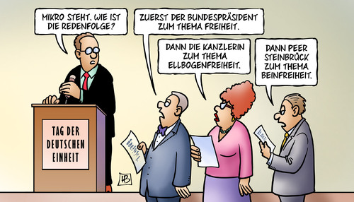 Cartoon: Beinfreiheit (medium) by Harm Bengen tagged freiheit,ellbogenfreiheit,beinfreiheit,reden,mikrofon,merkel,cdu,gauck,bundespräsident,tag,deutschen,einheit,steinbrück,spd,bundestagswahlkampf,spitzenkandidat,harm,bengen,cartoon,karikatur,freiheit,ellbogenfreiheit,beinfreiheit,reden,mikrofon,merkel,cdu,gauck,bundespräsident,tag,deutschen,einheit,steinbrück,spd,bundestagswahlkampf,spitzenkandidat,harm,bengen,cartoon,karikatur