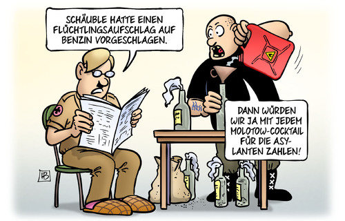 Cartoon: Benzinsteuer (medium) by Harm Bengen tagged schäuble,flüchtlinge,flucht,terror,aufschlag,brandanschlag,benzin,steuer,vorschlag,molotowcocktail,asylanten,nazis,rechts,harm,bengen,cartoon,karikatur,schäuble,flüchtlinge,flucht,terror,aufschlag,brandanschlag,benzin,steuer,vorschlag,molotowcocktail,asylanten,nazis,rechts,harm,bengen,cartoon,karikatur