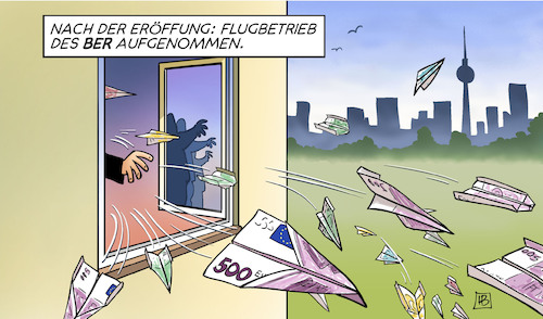 Cartoon: BER-Flugbetrieb (medium) by Harm Bengen tagged eröffung,flugbetrieb,ber,flughafen,geld,fenster,papierflieger,rauswerfen,harm,bengen,cartoon,karikatur,eröffung,flugbetrieb,ber,flughafen,geld,fenster,papierflieger,rauswerfen,harm,bengen,cartoon,karikatur