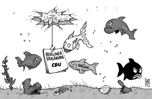 Cartoon: Berliner Erklärung (medium) by Harm Bengen tagged cdu,klausur,klausurtagung,berlin,berliner,erklärung,spd,fdp,grüne,linke,fischen,wähler,wasser,eis,wahlen,frost