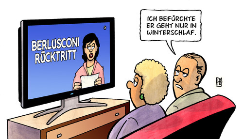 Cartoon: Berlusconi-Rücktritt (medium) by Harm Bengen tagged winterschlaf,berlusconi,regierung,italien,tv,krise,schulden,staat,winterschlaf,berlusconi,regierung,italien,krise,schulden,staat