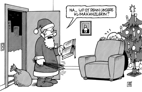 Cartoon: Bescherung 2009 (medium) by Harm Bengen tagged bescherung,weihnachten,weihnachtsmann,rute,bilanz,sack,angela merkel,kanzlerin,klimakanzlerin,kopenhagen,klima,klimawandel,angela,merkel