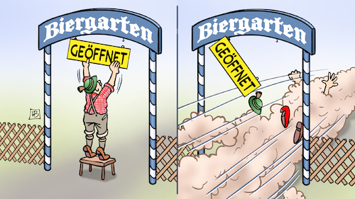 Cartoon: Biergarten (medium) by Harm Bengen tagged geöffnet,biergarten,bayern,corona,lockdown,öffnungen,harm,bengen,cartoon,karikatur,geöffnet,biergarten,bayern,corona,lockdown,öffnungen,harm,bengen,cartoon,karikatur