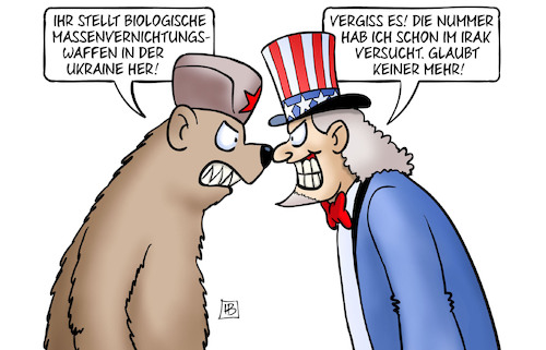 Cartoon: Bio-Waffen Ukraine (medium) by Harm Bengen tagged biologische,massenvernichtungswaffen,irak,lüge,usa,uncle,sam,bär,russland,ukraine,krieg,einmarsch,angriff,harm,bengen,cartoon,karikatur,biologische,massenvernichtungswaffen,irak,lüge,usa,uncle,sam,bär,russland,ukraine,krieg,einmarsch,angriff,harm,bengen,cartoon,karikatur