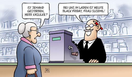 Cartoon: Black Friday (medium) by Harm Bengen tagged gestorben,kasulke,einkaufen,laden,verkauf,einzelhandel,black,friday,rabattaktionen,susemil,harm,bengen,cartoon,karikatur,gestorben,kasulke,einkaufen,laden,verkauf,einzelhandel,black,friday,rabattaktionen,susemil,harm,bengen,cartoon,karikatur