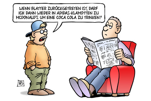 Cartoon: Blatter-Rücktritt (medium) by Harm Bengen tagged blatter,rücktritt,fifa,fussball,korruption,bestechung,adidas,klamotten,kleidung,sponsoren,mcdonalds,coca,cola,kind,vater,harm,bengen,cartoon,karikatur,blatter,rücktritt,fifa,fussball,korruption,bestechung,adidas,klamotten,kleidung,sponsoren,mcdonalds,coca,cola,kind,vater,harm,bengen,cartoon,karikatur