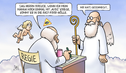 Cartoon: Bocuse (medium) by Harm Bengen tagged paul,bocuse,sternekoch,tot,himmel,gott,manna,avec,fast,food,hölle,harm,bengen,cartoon,karikatur,paul,bocuse,sternekoch,tot,himmel,gott,manna,avec,fast,food,hölle,harm,bengen,cartoon,karikatur
