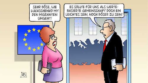 Cartoon: Böser als Lukaschenko (medium) by Harm Bengen tagged böse,lukaschenko,migranten,wertebasierte,gemeinschaft,polen,belarus,grenze,migration,flüchtlinge,europa,eu,harm,bengen,cartoon,karikatur,böse,lukaschenko,migranten,wertebasierte,gemeinschaft,polen,belarus,grenze,migration,flüchtlinge,europa,eu,harm,bengen,cartoon,karikatur