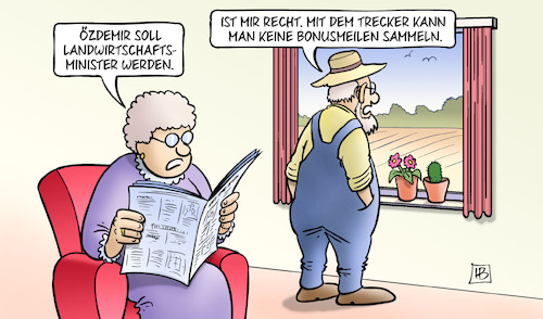 Cartoon: Bonusmeilen (medium) by Harm Bengen tagged özdemir,landwirtschaftsminister,trecker,bonusmeilen,sammeln,ampel,grüne,bauer,harm,bengen,cartoon,karikatur,özdemir,landwirtschaftsminister,trecker,bonusmeilen,sammeln,ampel,grüne,bauer,harm,bengen,cartoon,karikatur