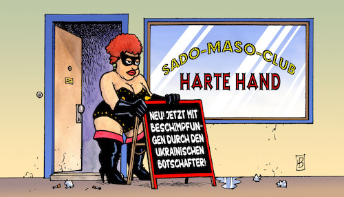 Cartoon: Botschafter Melnyk (medium) by Harm Bengen tagged sado,maso,club,domina,beschimpfungen,ukrainischer,botschafter,deutschland,russland,ukraine,krieg,angriff,harm,bengen,cartoon,karikatur,sado,maso,club,domina,beschimpfungen,ukrainischer,botschafter,deutschland,russland,ukraine,krieg,angriff,harm,bengen,cartoon,karikatur