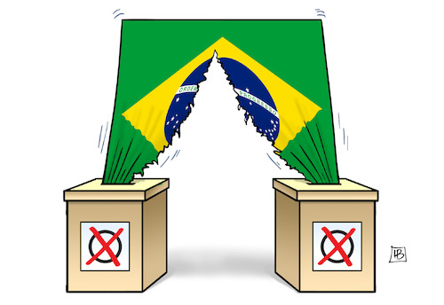 Cartoon: Brasilien-Spaltung (medium) by Harm Bengen tagged brasilien,spaltung,wahl,wahlurnen,fahne,lula,bolsonaro,stichwahl,harm,bengen,cartoon,karikatur,brasilien,spaltung,wahl,wahlurnen,fahne,lula,bolsonaro,stichwahl,harm,bengen,cartoon,karikatur