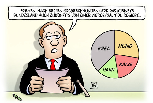 Cartoon: Bremen-Wahl 2015 (medium) by Harm Bengen tagged bremen,hochrechnungen,kleinste,bundesland,stadtstaat,wahl,koalition,viererkoalition,regieren,regierung,bremer,stadtmusikanten,esel,hund,katze,hahn,maerchen,harm,bengen,cartoon,karikatur,bremen,hochrechnungen,kleinste,bundesland,stadtstaat,wahl,koalition,viererkoalition,regieren,regierung,bremer,stadtmusikanten,esel,hund,katze,hahn,maerchen,harm,bengen,cartoon,karikatur