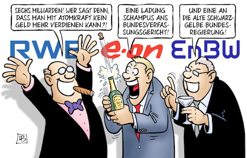 Cartoon: Brennelementesteuer (medium) by Harm Bengen tagged brennelementesteuer,sechs,milliarden,atomkraft,geld,verdienen,sekt,champagner,schampus,bundesverfassungsgericht,urteil,schwarz,gelbe,bundesregierung,harm,bengen,cartoon,karikatur,brennelementesteuer,sechs,milliarden,atomkraft,geld,verdienen,sekt,champagner,schampus,bundesverfassungsgericht,urteil,schwarz,gelbe,bundesregierung,harm,bengen,cartoon,karikatur