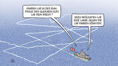 Cartoon: Brexit- und Iran-Kurs (medium) by Harm Bengen tagged brexit,iran,kurs,gb,uk,wand,kriegsschiff,öl,tanker,hormus,meer,kielwasser,zickzack,harm,bengen,cartoon,karikatur,brexit,iran,kurs,gb,uk,wand,kriegsschiff,öl,tanker,hormus,meer,kielwasser,zickzack,harm,bengen,cartoon,karikatur