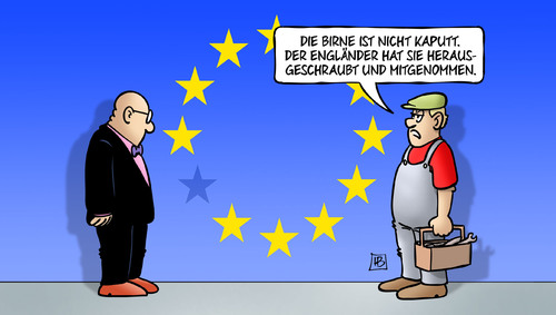 Cartoon: Brexit-Birne (medium) by Harm Bengen tagged birne,licht,engländer,handwerker,eu,europa,sterne,brexit,wahlkampf,uk,gb,referendum,abstimmung,austritt,harm,bengen,cartoon,karikatur,birne,licht,engländer,handwerker,eu,europa,sterne,brexit,wahlkampf,uk,gb,referendum,abstimmung,austritt,harm,bengen,cartoon,karikatur