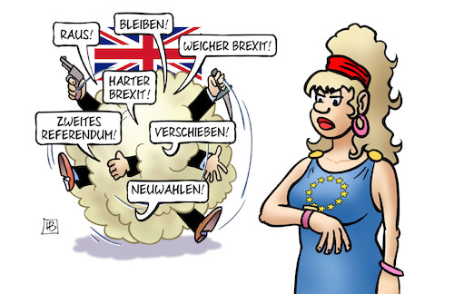 Cartoon: Brexit-Chaos (medium) by Harm Bengen tagged raus,bleiben,weicher,harter,zweites,referendum,verschieben,neuwahlen,gb,uk,brexit,abstimmung,misstrauensvotum,no,deal,europa,austritt,untergang,uhr,streit,harm,bengen,cartoon,karikatur,raus,bleiben,weicher,harter,zweites,referendum,verschieben,neuwahlen,gb,uk,brexit,abstimmung,misstrauensvotum,no,deal,europa,austritt,untergang,uhr,streit,harm,bengen,cartoon,karikatur