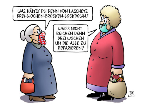 Cartoon: Brücken-Lockdown (medium) by Harm Bengen tagged laschet,brücken,lockdown,marode,kaputt,infrastruktur,corona,reparieren,susemil,jutta,masken,harm,bengen,cartoon,karikatur,laschet,brücken,lockdown,marode,kaputt,infrastruktur,corona,reparieren,susemil,jutta,masken,harm,bengen,cartoon,karikatur